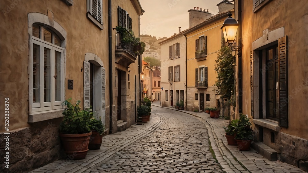 Fototapeta premium Charming European Cobblestone Street at Sunset