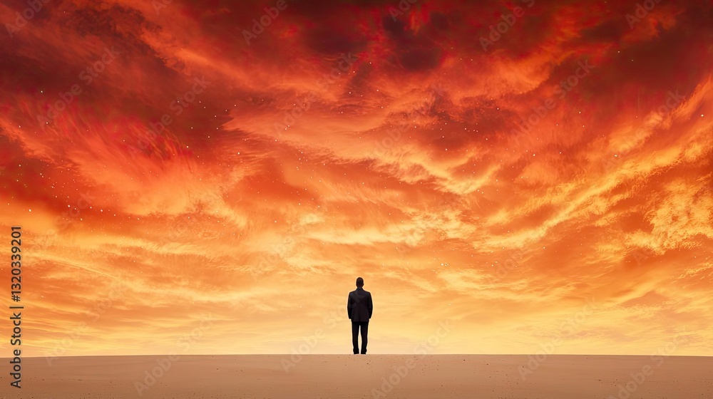 Dark sky idea. Silhouette of a person standing against a dramatic sunset sky, evoking deep contemplation. Dark sky idea. Silhouette of a person standing against a dramatic sunset sky, evoking deep contemplation.