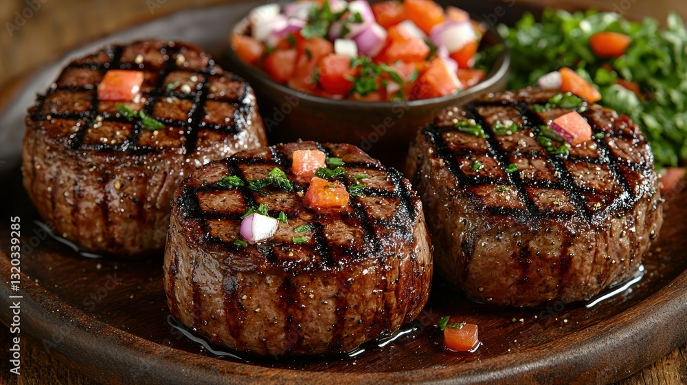 Three grilled meat medallions, with fresh salsa and greens, on a brown plate Three grilled meat medallions, with fresh salsa and greens, on a brown plate