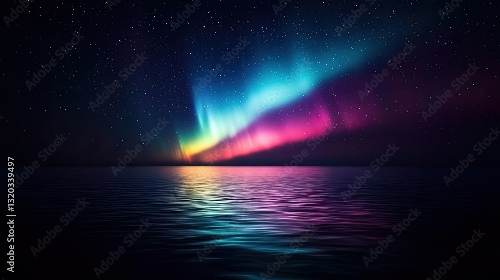Naklejka premium Dark sky idea. A stunning view of the northern lights shimmering over calm waters at night.