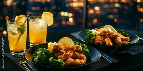 Culinary Delight at Dusk: A beautifully composed shot showcases two delicious meals with side dishes and cocktails, set against a panoramic city skyline illuminated by the soft glow of city lights. 