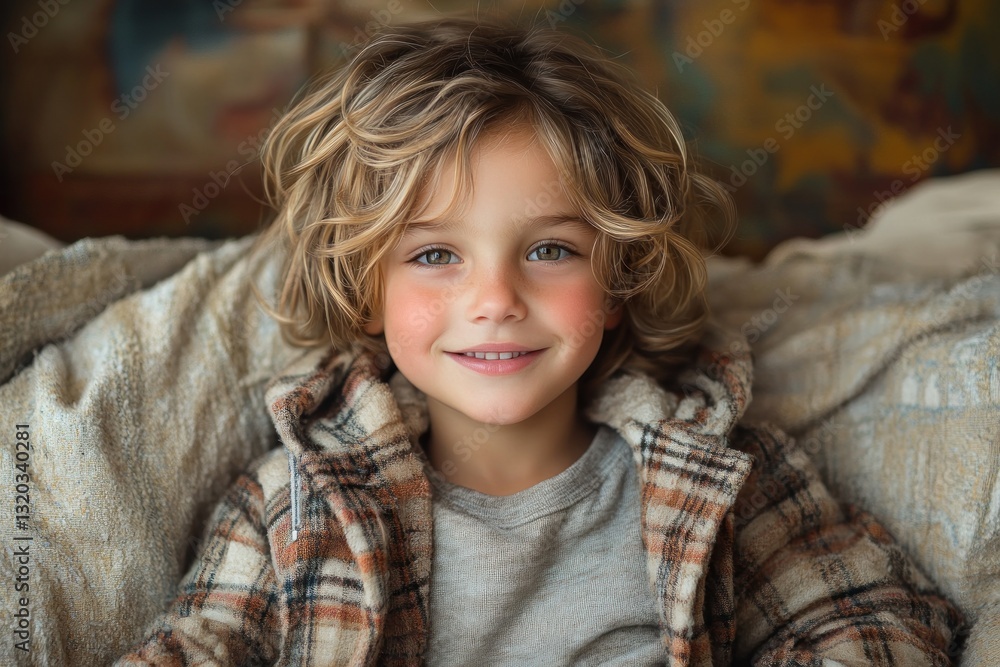 Happy toddler boy in cozy plaid jacket playing in warm child care day care environment Happy toddler boy in cozy plaid jacket playing in warm child care day care environment