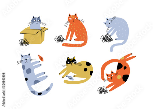 Cute funny cats in different comic poses. Adorable feline animals, clumsy funny kittens sleeping, lying, playing in funny poses. Flat vector illustration on white background