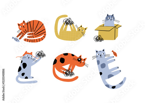 Cute funny cats in different comic poses. Adorable feline animals, clumsy funny kittens sleeping, lying, playing in funny poses. Flat vector illustration on white background
