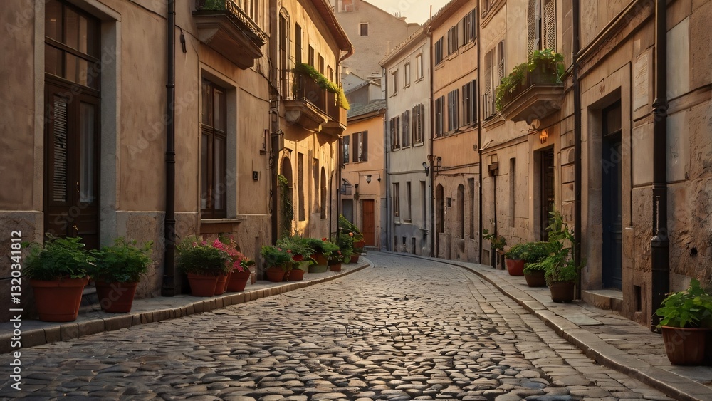 Fototapeta premium Sunlit Cobblestone Street in a Historic European Town