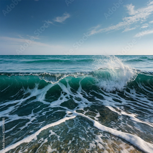 Wallpaper Mural Powerful Ocean Wave Cresting Along the Beach Shoreline in Vibrant Blue Colors Torontodigital.ca