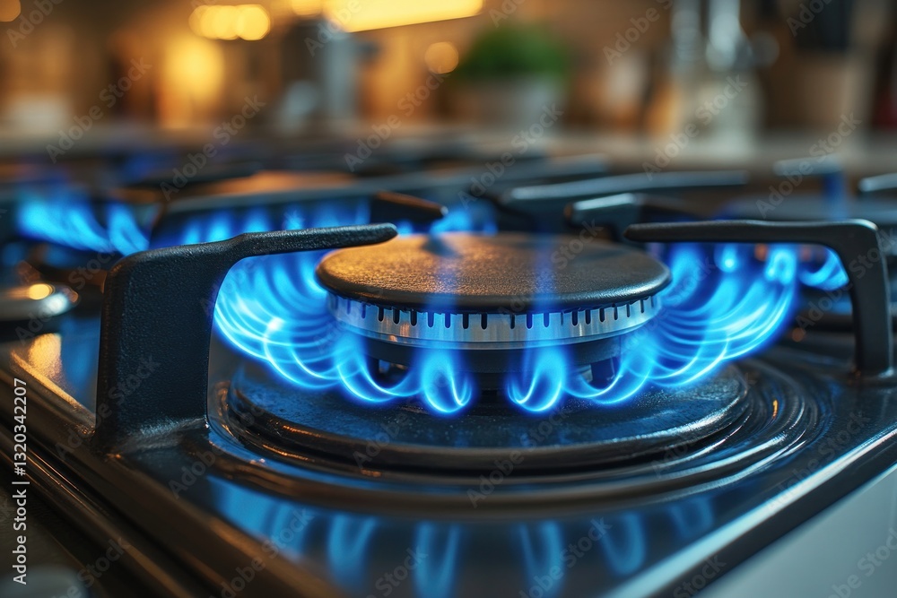 Blue Flames Burning on Gas Stove Top Close Up Blue Flames Burning on Gas Stove Top Close Up