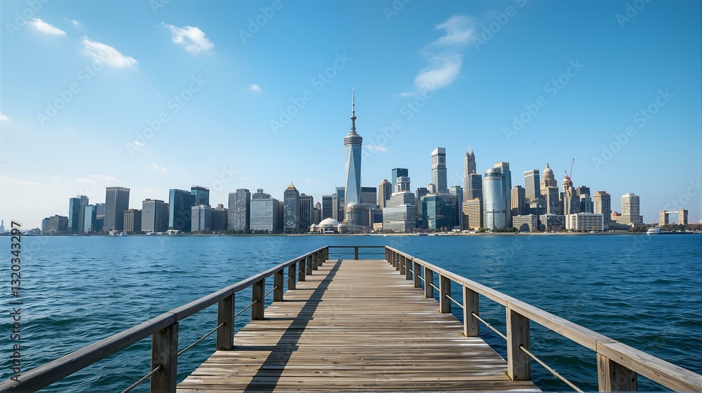 A wooden bridge extending into open water with skyscrapers in background. A wooden bridge extending into open water with skyscrapers in background.