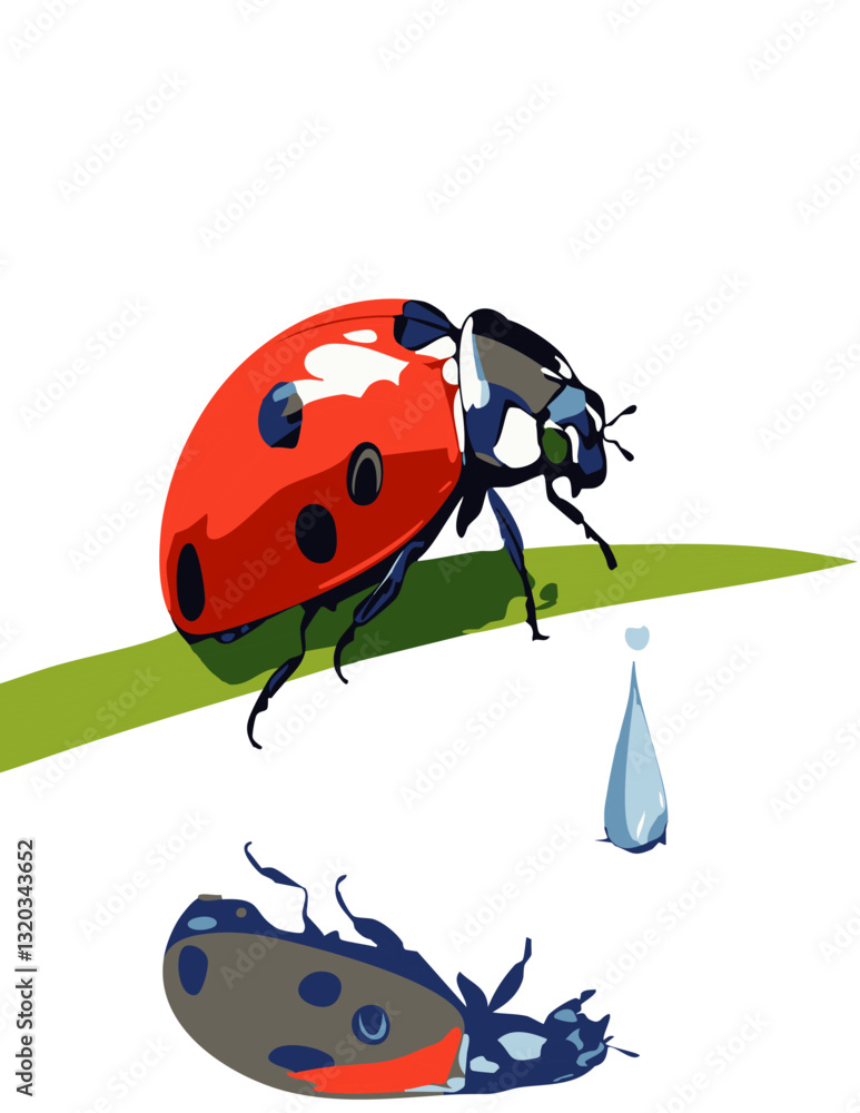 Fototapeta premium A minimalist and modern vector illustration of a ladybug perched on a green blade of grass, with its reflection mirrored below, creating a striking and elegant nature-inspired composition.