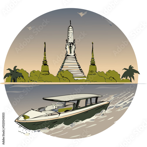 A beautifully stylized vector illustration of an ancient Thai temple complex with tiered pagodas and cascading waterfalls, set against a warm sunset sky with a traditional wooden boat floating in the 