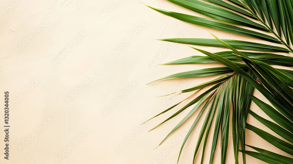 Obraz premium Fresh coconut palm leaf on a sandy beige background with text-friendly empty space, top view