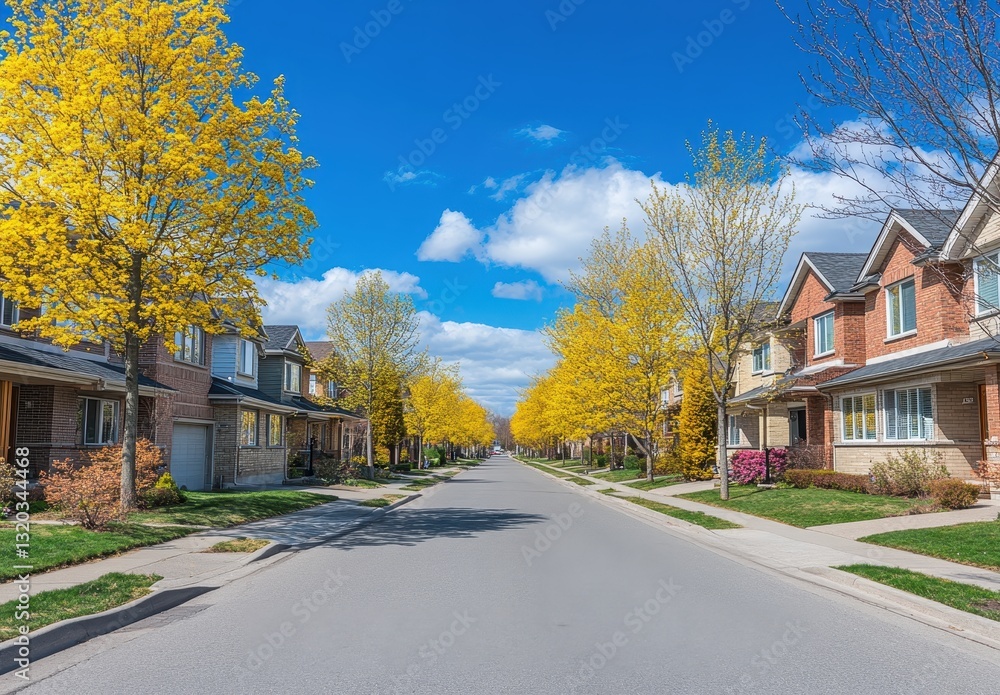 Serene Suburban Street with Vibrant Yellow Trees Under Clear Blue Sky in Autumn Season Capturing Tranquility and Natural Beauty of Neighborhoods Serene Suburban Street with Vibrant Yellow Trees Under Clear Blue Sky in Autumn Season Capturing Tranquility and Natural Beauty of Neighborhoods