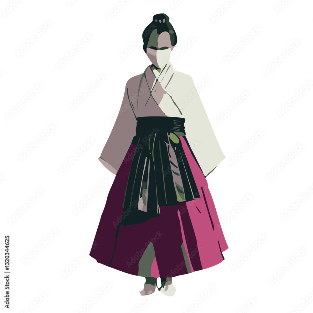A vector illustration of a woman dressed in a traditional hanbok, featuring an elegant muted green and beige color scheme. Her hair is styled in a neat updo, and her serene expression A vector illustration of a woman dressed in a traditional hanbok, featuring an elegant muted green and beige color scheme. Her hair is styled in a neat updo, and her serene expression