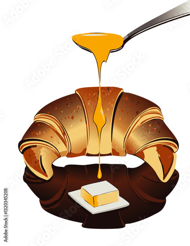 A mouthwatering close-up of a golden, flaky croissant with a luscious caramel filling oozing out, set against a dark, elegant background, highlighting its crisp layers and rich texture.

