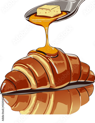 A mouthwatering close-up of a golden, flaky croissant with a luscious caramel filling oozing out, set against a dark, elegant background, highlighting its crisp layers and rich texture.

