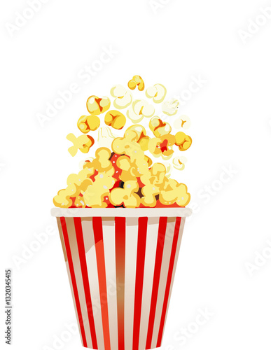 A dynamic vector illustration of a classic red-and-white striped popcorn bucket overflowing with fluffy, golden popcorn kernels that appear to be bursting into the air in a playful and energetic motio