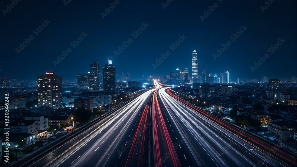 Fototapeta premium Aerial view of busy highway at night with city lights.