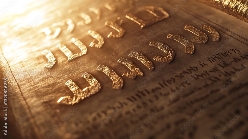 Fototapeta premium Close up of ancient Hebrew text on parchment, illuminated by warm golden light, emphasizing the historical and spiritual significance of the scripture