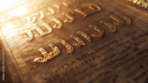 Close up of ancient Hebrew text on parchment, illuminated by warm golden light, emphasizing the historical and spiritual significance of the scripture