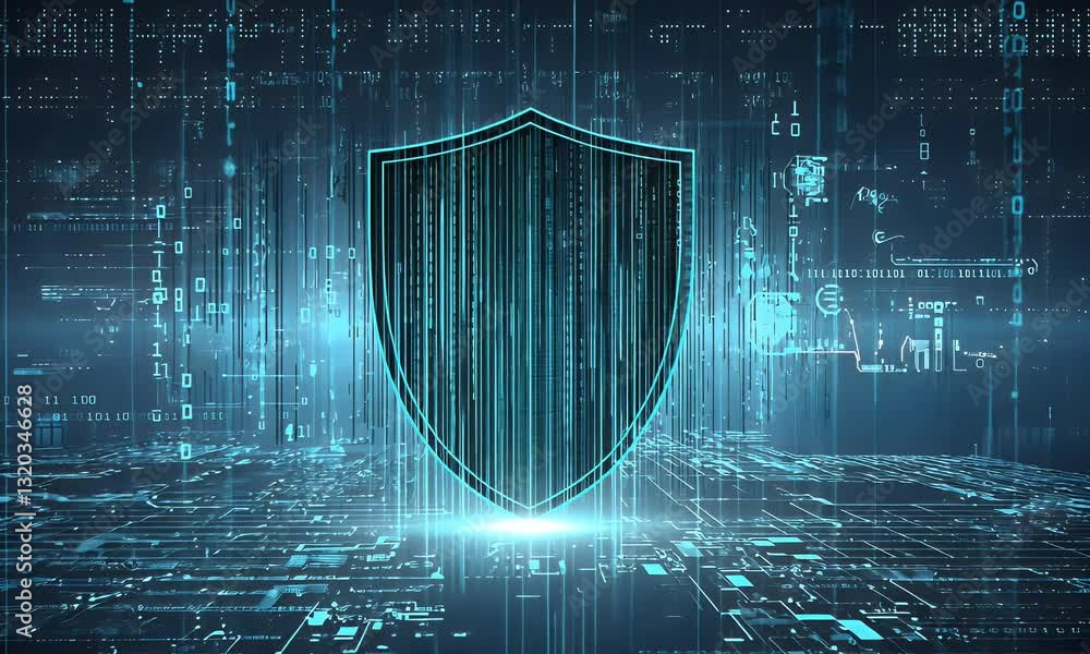 A digital shield symbolizing cybersecurity amidst a backdrop of binary code and data streams.