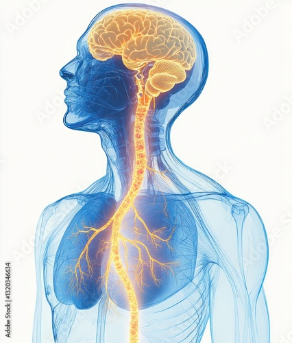 Nervous System Anatomy with Energetic Brain and Vagus Nerve in Neon Yellow and Pastel Blue