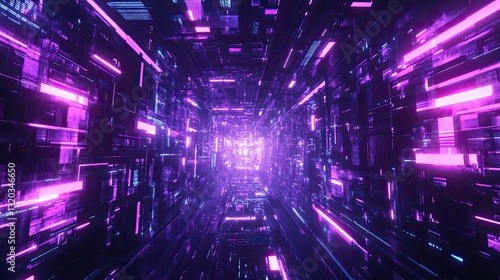 Futuristic glowing purple metaverse space with neon lights and abstract digital elements