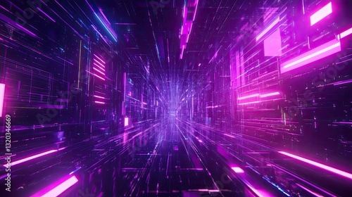Futuristic glowing purple metaverse space with neon lights and abstract digital elements