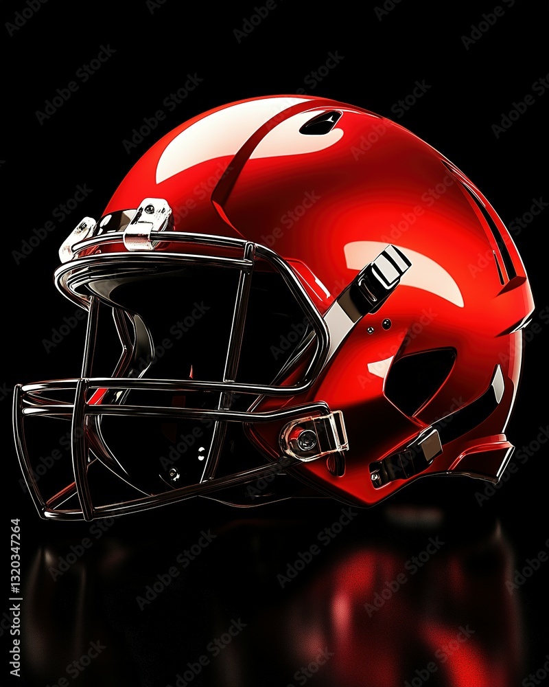 Fototapeta premium A shiny red football helmet with metallic faceguard and clips