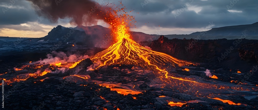 Dramatic scene of an explosive volcanic eruption spewing fiery molten lava flows down the mountainside at a stunning sunset landscape with cloudy storm skies Dramatic scene of an explosive volcanic eruption spewing fiery molten lava flows down the mountainside at a stunning sunset landscape with cloudy storm skies
