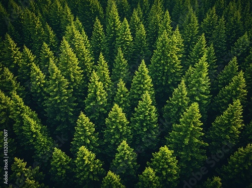 A breathtaking aerial view of an untouched green forest filled with towering spruce trees. The natural texture and dense foliage create a visually stunning organic pattern, ideal for backgrounds and e