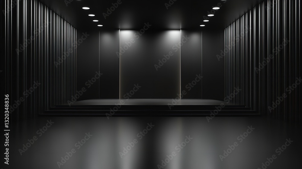 A minimalist black and gray room with a raised platform and spotlights overhead. The black walls are lined with vertical slats and the floor is dark A minimalist black and gray room with a raised platform and spotlights overhead. The black walls are lined with vertical slats and the floor is dark