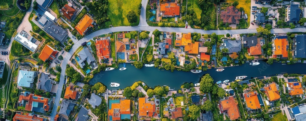 Aerial View of Residential Neighborhoods and Water Canals in Suburb Aerial View of Residential Neighborhoods and Water Canals in Suburb