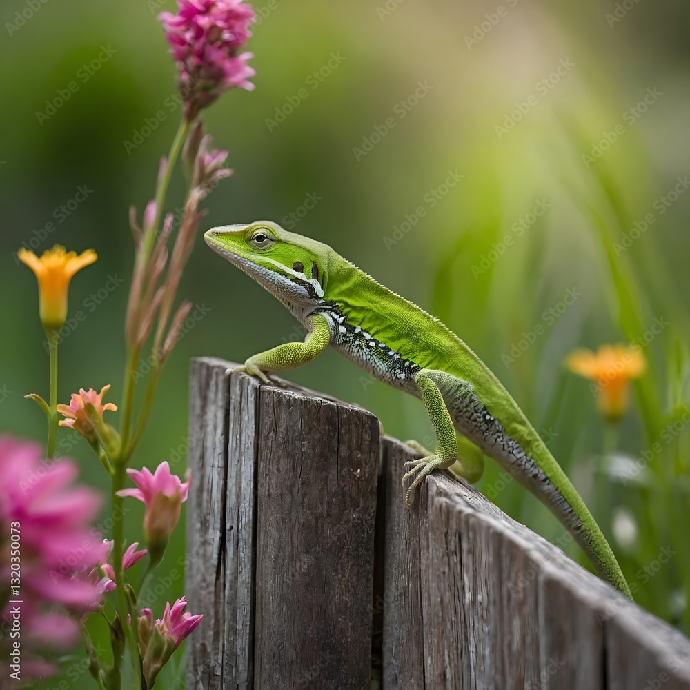 Fototapeta premium Sunlit Rest: The Green Anole’s Calm Perch on a Wooden Fence