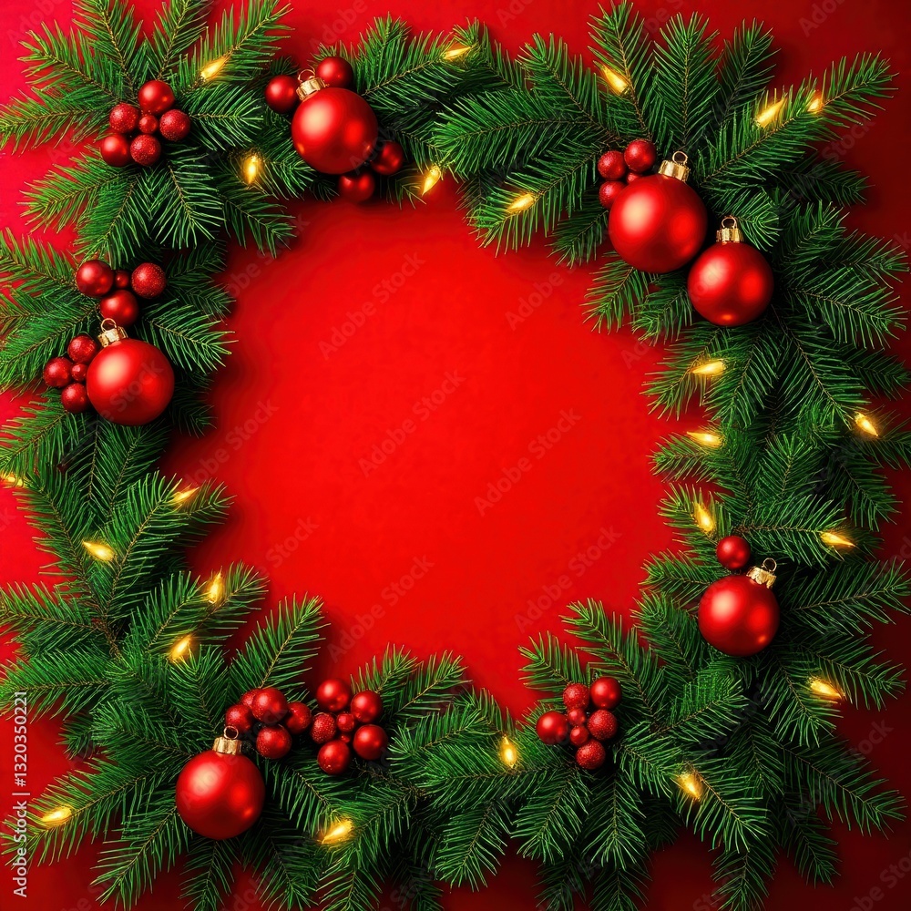 Festive Christmas Wreath Decorated with Red Ornaments and Berries on a Vibrant Red Background Festive Christmas Wreath Decorated with Red Ornaments and Berries on a Vibrant Red Background