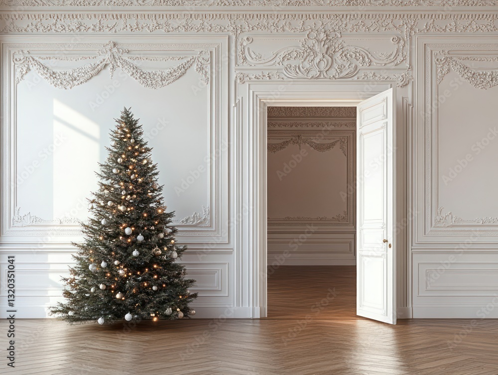 Fototapeta premium Minimalist Christmas scene with decorated tree and open door in neoclassical interior