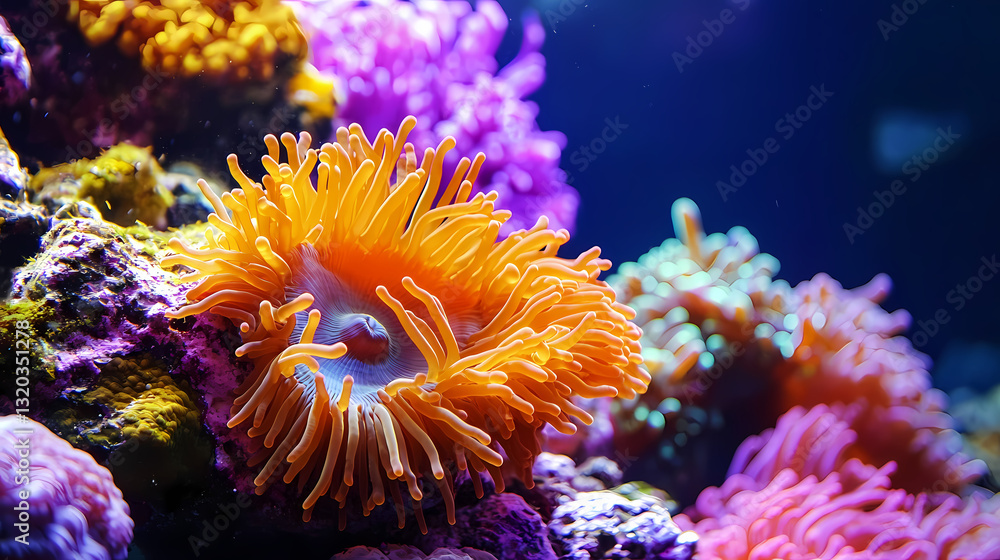 Underwater Garden: A vibrant coral reef scene, where a stunning orange anemone takes center stage amidst a colorful tapestry of aquatic life. Underwater Garden: A vibrant coral reef scene, where a stunning orange anemone takes center stage amidst a colorful tapestry of aquatic life.