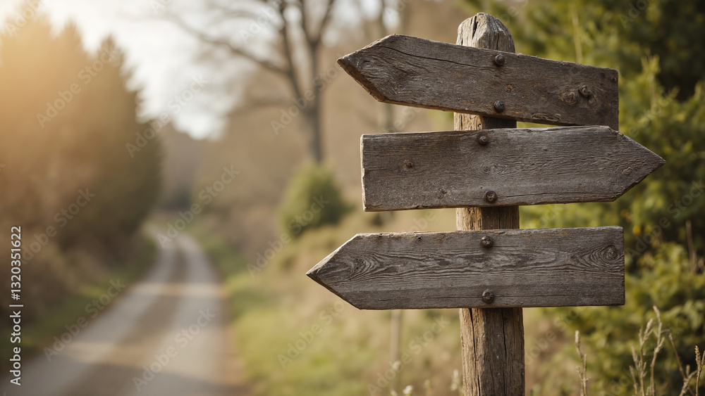 Naklejka premium A rustic wooden signpost with three arrow-shaped planks pointing in different directions, against a blurred landscape.