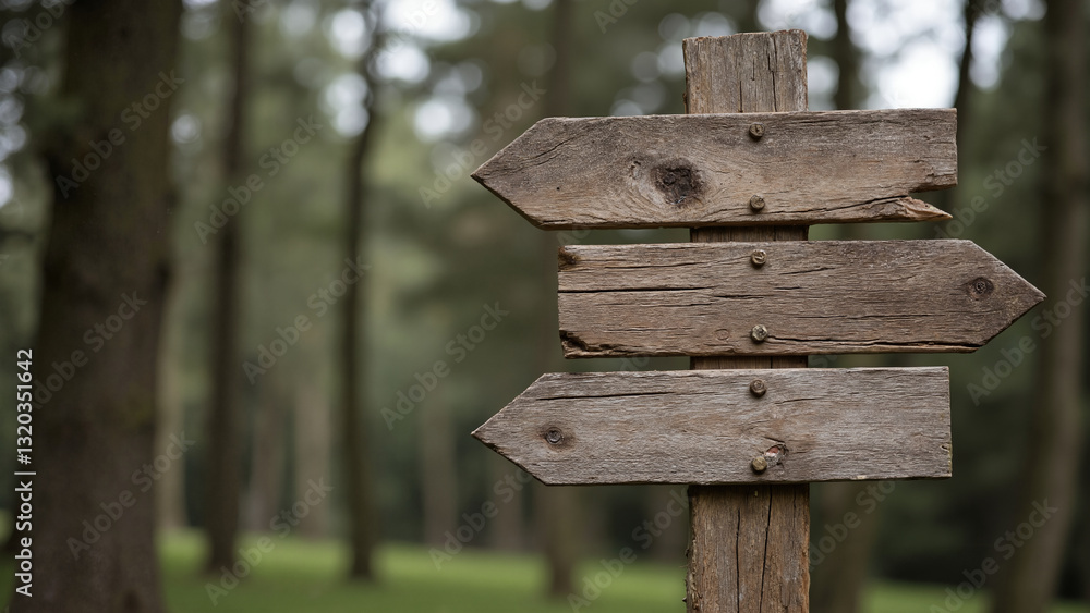 A rustic wooden signpost with three arrow-shaped planks pointing in different directions, against a blurred landscape. A rustic wooden signpost with three arrow-shaped planks pointing in different directions, against a blurred landscape.