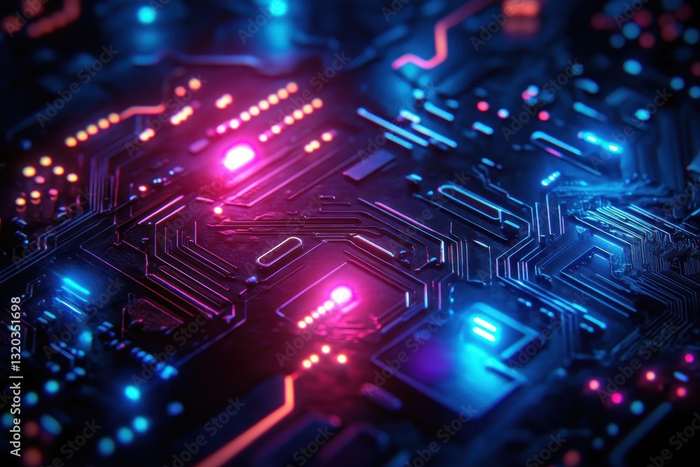 Glowing circuit board, pink and blue hues. Ideal for tech, AI, and futuristic designs. Glowing circuit board, pink and blue hues. Ideal for tech, AI, and futuristic designs.