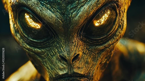 Close-up view of an alien creature with luminous eyes during a cinematic moment in a sci-fi film setting