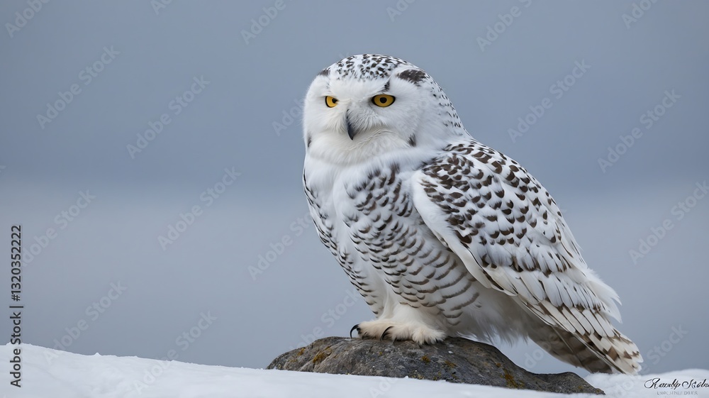 Fototapeta premium Majestic Snowy Owl Resting on a Rock in a Winter Wonderland, With Snowflakes Gently Falling Around It