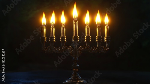 A classic menorah with nine bright candles illuminating the dark background, symbolizing Hanukkah traditions.