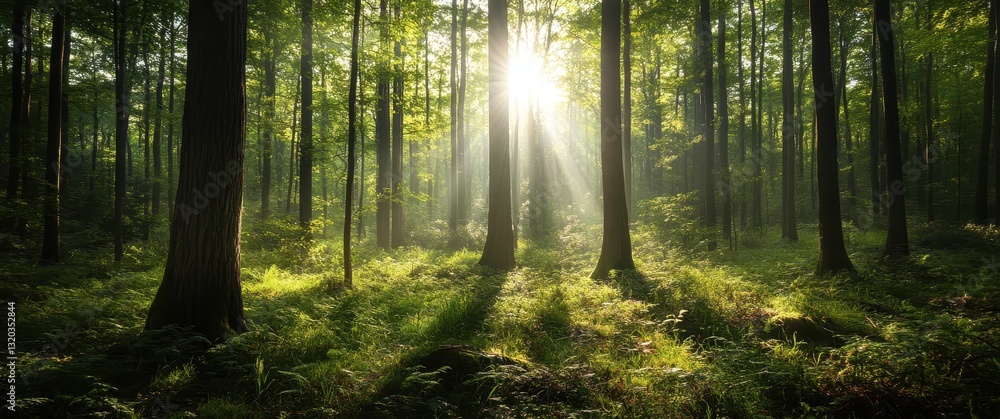 Obraz premium Sunlight Filtering Through Dense Green Forest Trees Illuminating the Vibrant Underbrush with Gentle Rays of Light in a Tranquil Natural Environment