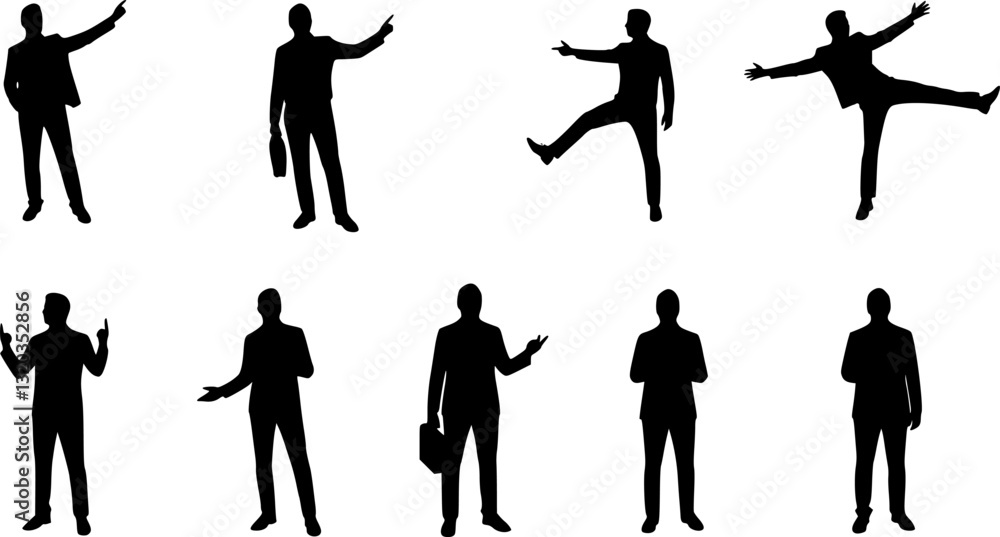 Obraz premium Set of talk show man with microphone in hand silhouette vector, entertainment or comedy actor on stage. 