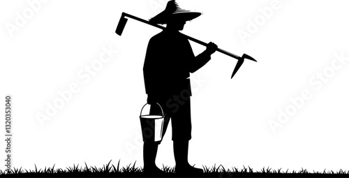 Asian gardener with hoe for working silhouette vector on white background
