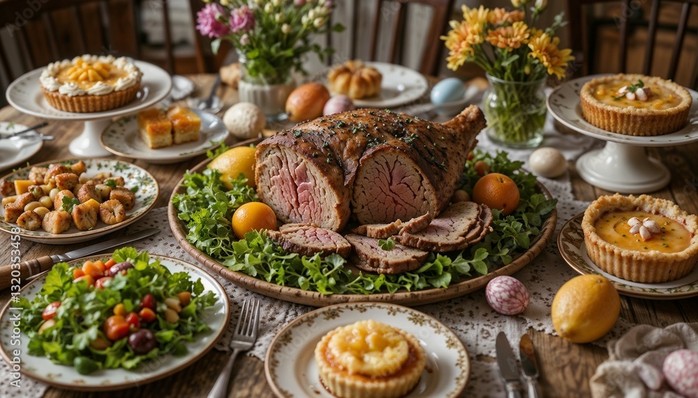 Festive Easter dinner with glazed ham, salads, and desserts on a rustic wooden table, cozy celebration setup, copy space
Festive Easter dinner with glazed ham, salads, and desserts on a rustic wooden table, cozy celebration setup, copy space