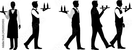 Set of waiter in restaurant silhouette vector on white background
