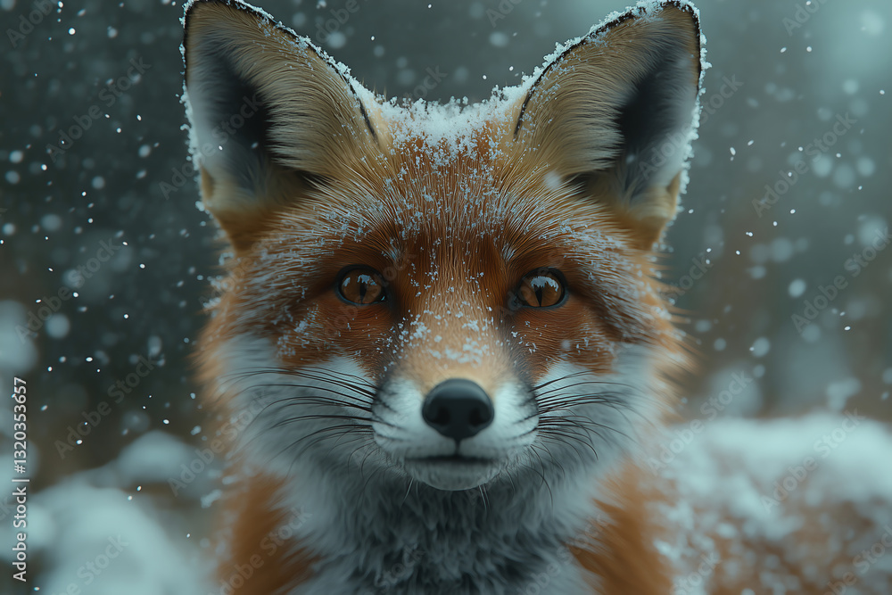 Obraz premium Red Fox Wildlife Portrait in Snowy Winter Forest - Nature Photography of Furry Wild Animal in Natural Habitat