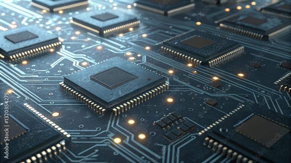 Complex circuit board with multiple electronic components highlighting modern microchip technology Complex circuit board with multiple electronic components highlighting modern microchip technology