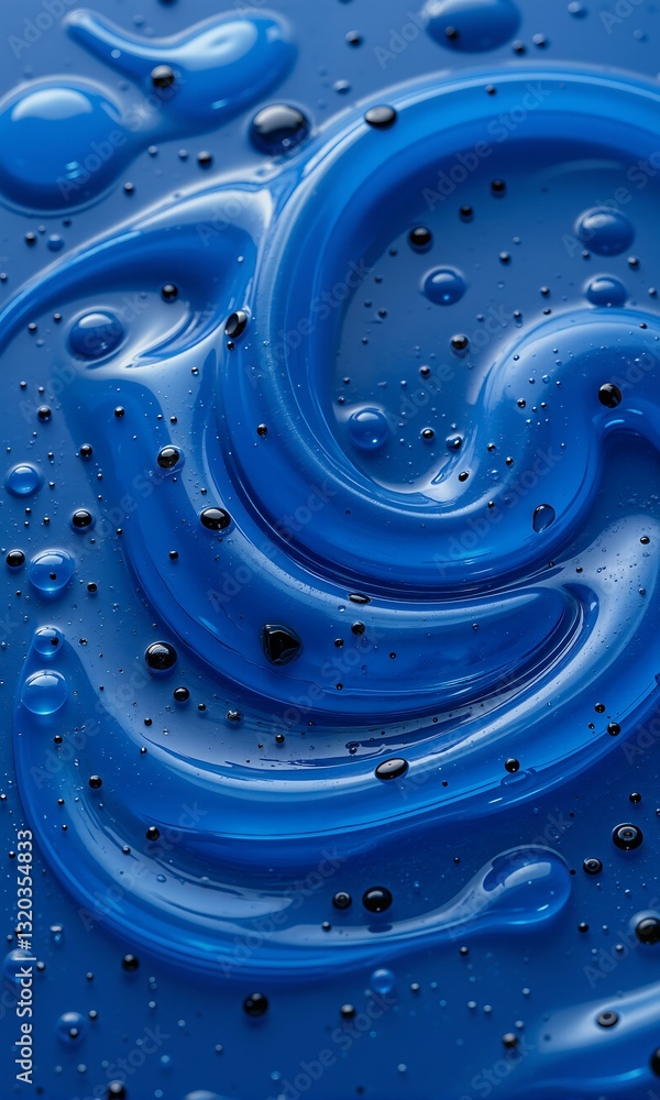 Blue fluid with dark bubbles and drops. Blue fluid with dark bubbles and drops.